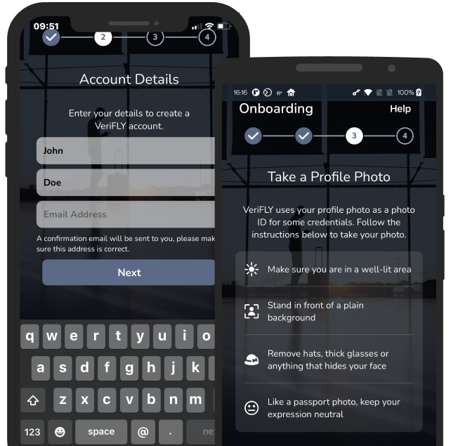 Two smartphones side by side each showing VeriFLY onboarding screens: the VeriFLY welcome screen and the VeriFLY Take a Selfie instructions screen.